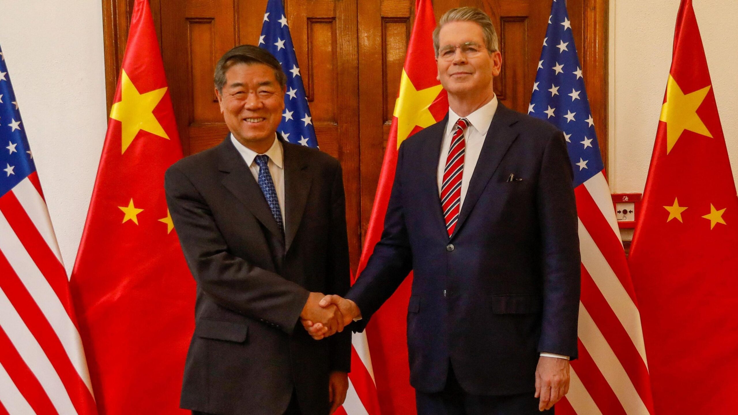 US Treasury Secretary Scott Bessent and Chinese Vice Premier He Lifeng pose during US-China trade and economic talks at Santa Cruz Palace, Spain’s main foreign ministry office, in Madrid, Spain, September 14, 2025.