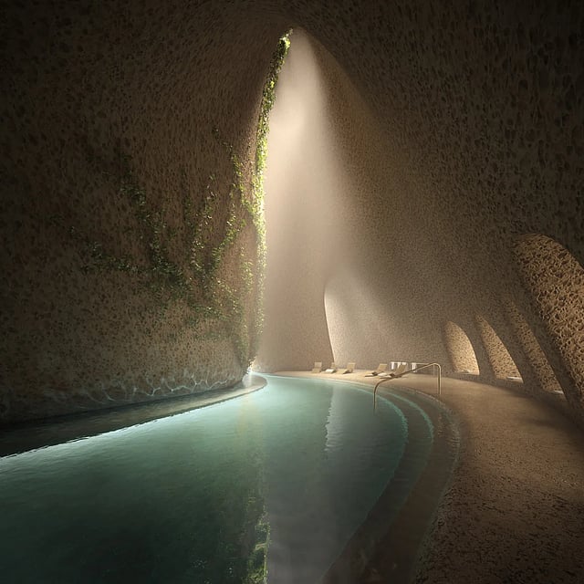 Nestled beneath the Muraba Veil, a cavernous spa awaits residents seeking luxury and relaxation.
